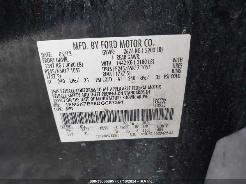 2013 Ford Explorer VIN: 1FM5K7B98DGC87391 Lot: 39866885