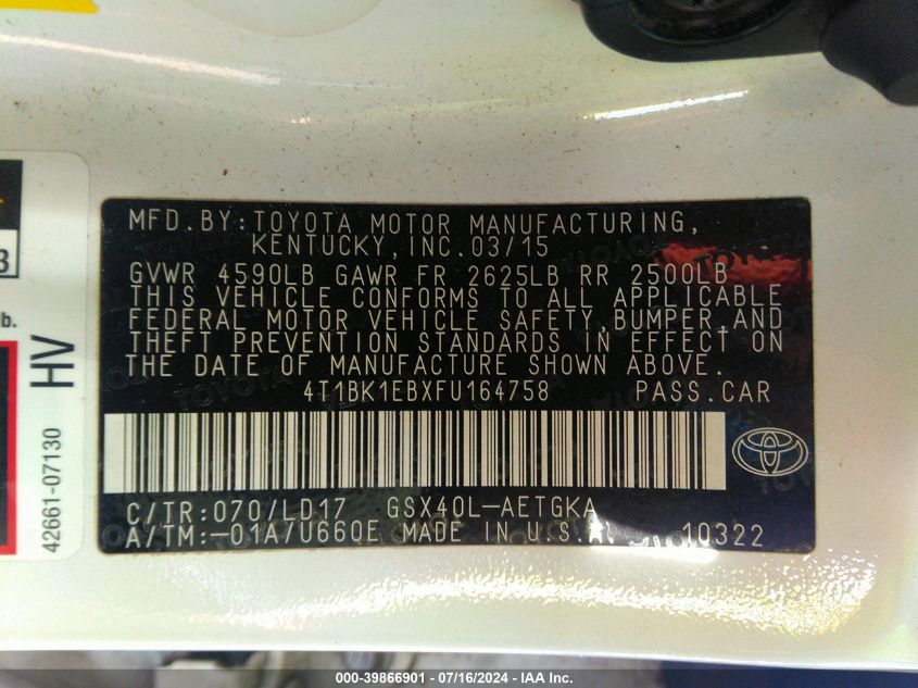 2015 Toyota Avalon Xle/Premium/Touring/Ltd VIN: 4T1BK1EBXFU164758 Lot: 39866901