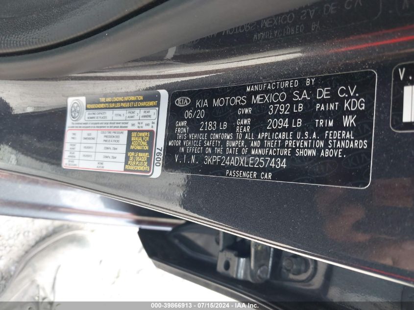 2020 Kia Forte Fe VIN: 3KPF24ADXLE257434 Lot: 39866913