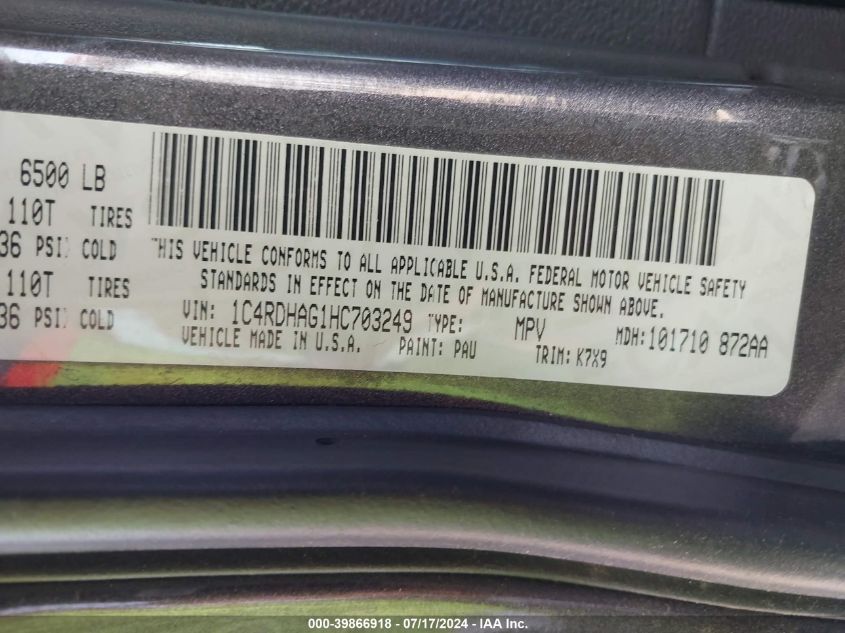 2017 DODGE DURANGO SXT RWD - 1C4RDHAG1HC703249