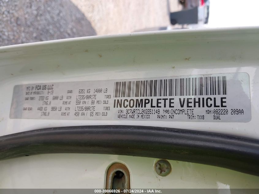2019 Ram 3500 Chassis Tradesman/Slt/Laramie/Limited VIN: 3C7WRTCL2KG551149 Lot: 39866926