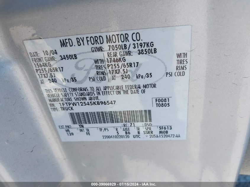 2005 Ford F-150 Lariat/Xlt VIN: 1FTPW12545KB96547 Lot: 39866929