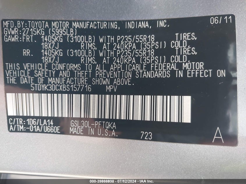 2011 Toyota Sienna Limited V6 VIN: 5TDYK3DCXBS157716 Lot: 39866930