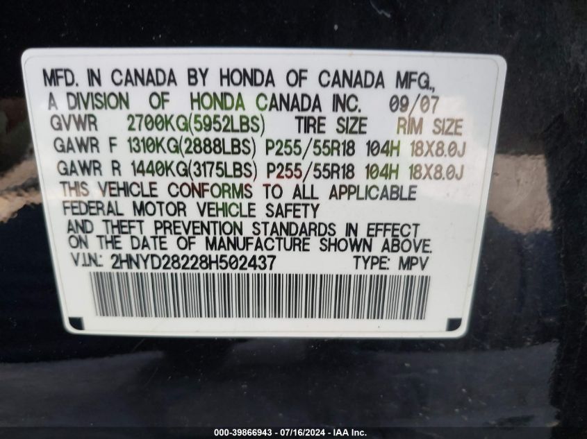 2008 Acura Mdx VIN: 2HNYD28228H502437 Lot: 39866943