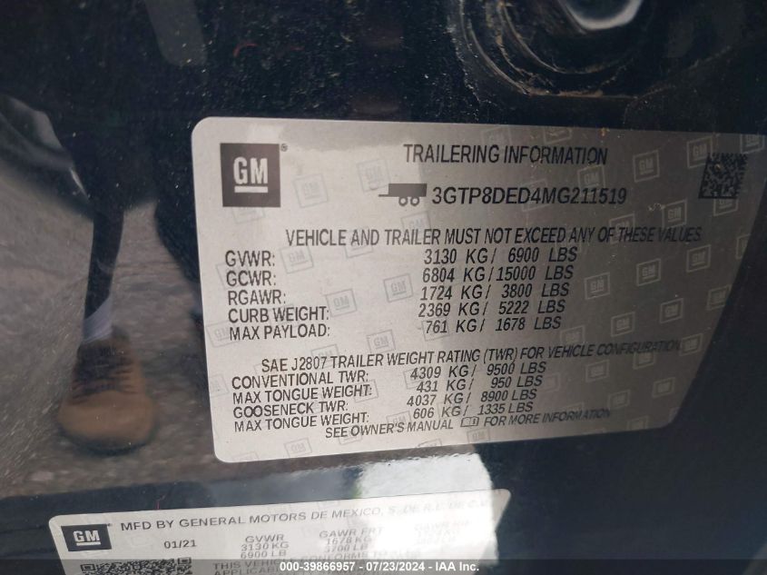 2021 GMC Sierra 1500 2Wd Short Box Slt VIN: 3GTP8DED4MG211519 Lot: 39866957