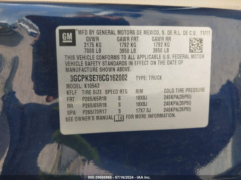 2012 Chevrolet Silverado 1500 Lt VIN: 3GCPKSE78CG162002 Lot: 39866968