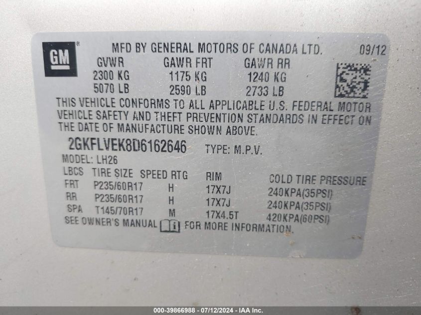 2013 GMC Terrain Slt-1 VIN: 2GKFLVEK8D6162646 Lot: 39866988