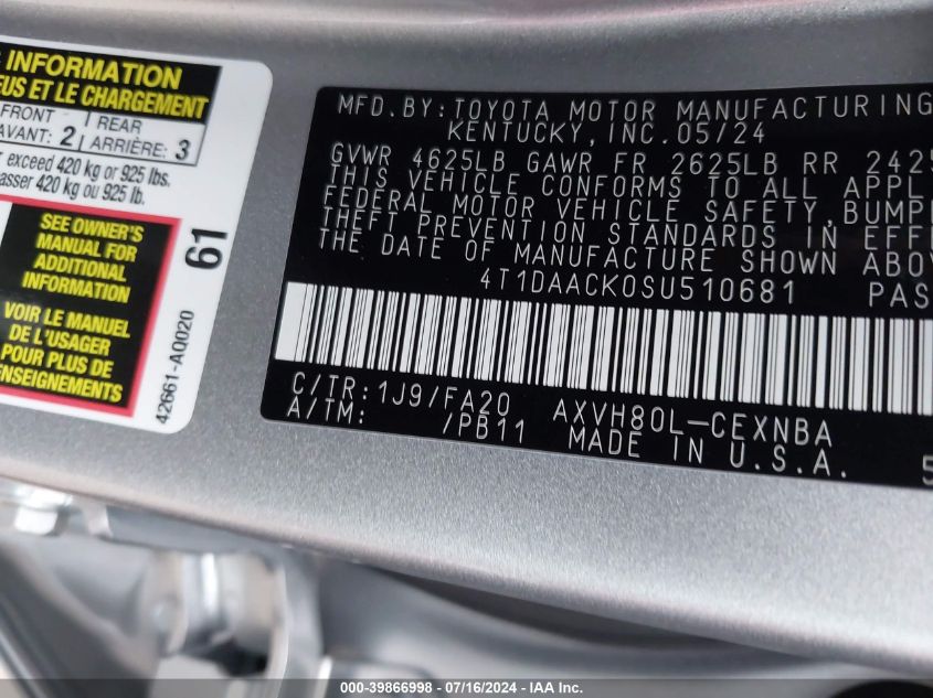 VIN 4T1DAACK0SU510681 2025 Toyota Camry, LE no.9