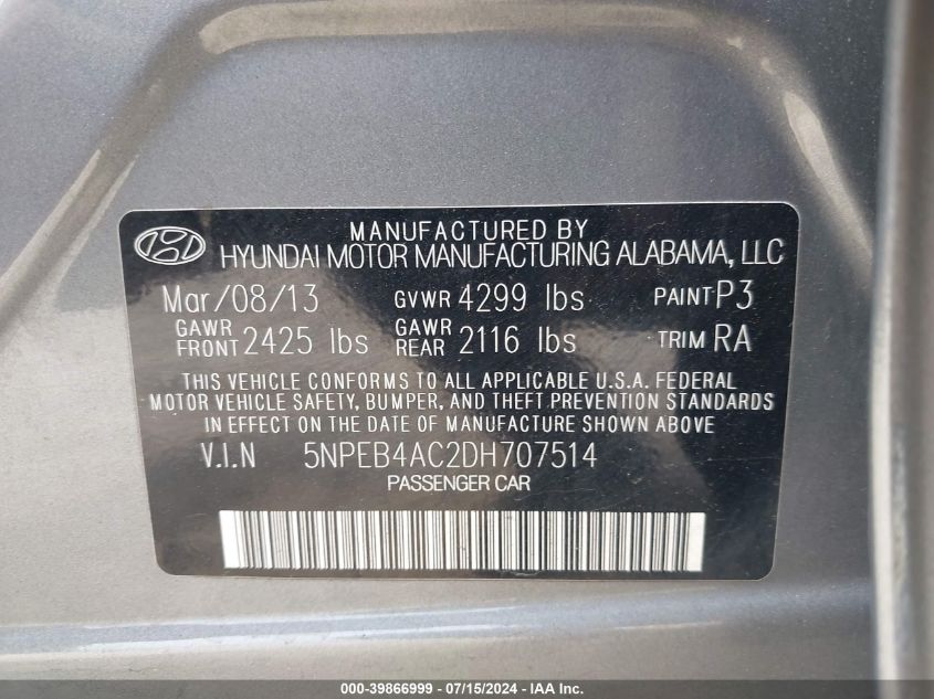 5NPEB4AC2DH707514 | 2013 HYUNDAI SONATA