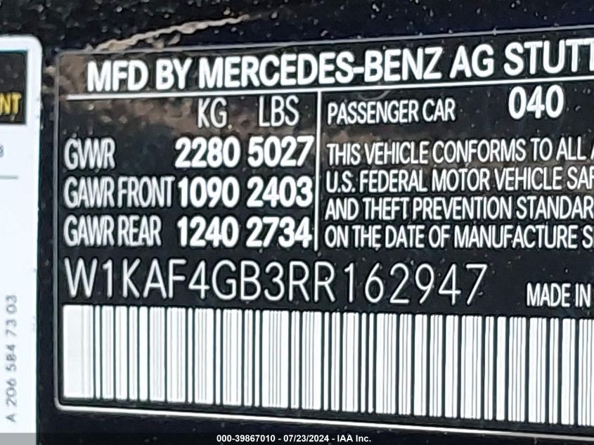 2024 Mercedes-Benz C 300 VIN: W1KAF4GB3RR162947 Lot: 39867010