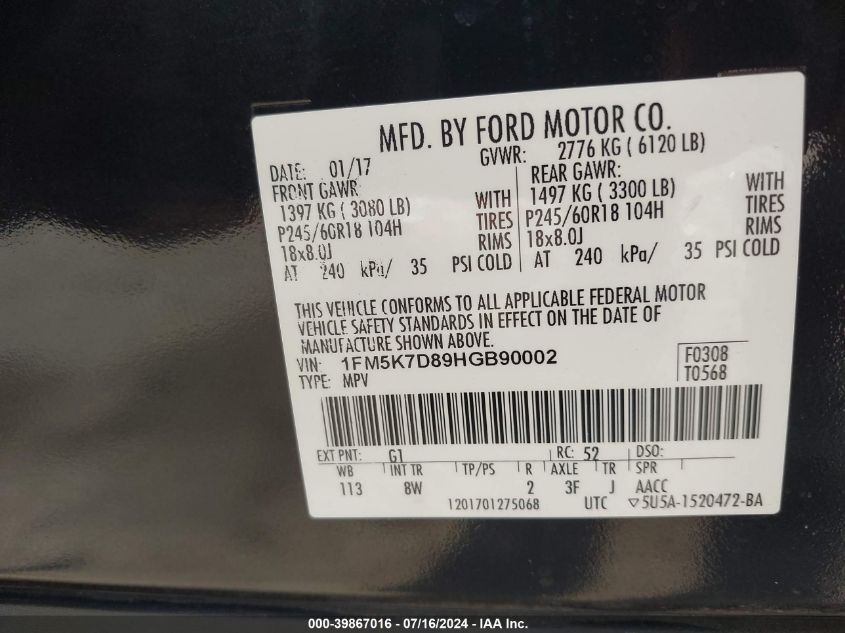 2017 Ford Explorer Xlt VIN: 1FM5K7D89HGB90002 Lot: 39867016