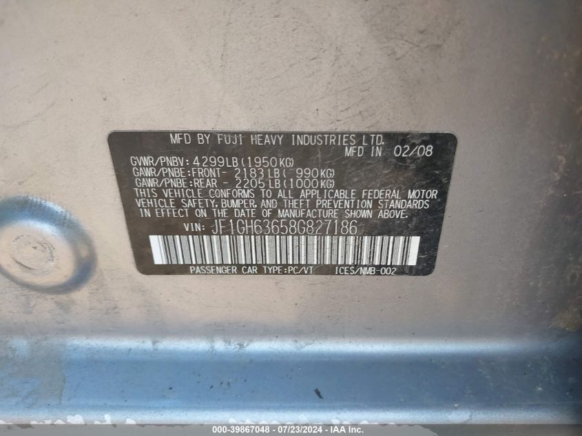 2008 Subaru Impreza Outback Sport VIN: JF1GH63658G827186 Lot: 39867048