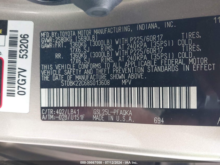 2008 Toyota Sienna Limited VIN: 5TDBK22C68S013608 Lot: 39867058