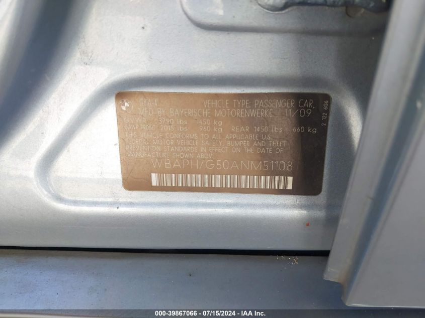 2010 BMW 328I VIN: WBAPH7G50ANM51108 Lot: 39867066