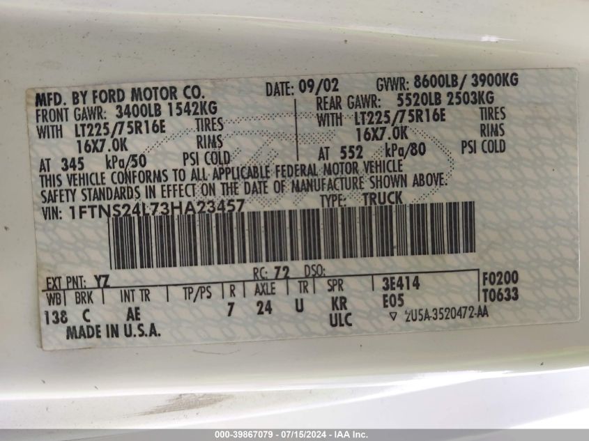 2003 Ford E-250 Commercial/Recreational VIN: 1FTNS24L73HA23457 Lot: 39867079