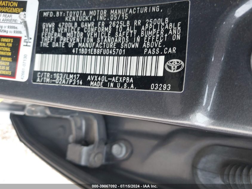 2015 Toyota Avalon Hybrid Limited VIN: 4T1BD1EB8FU045701 Lot: 39867092