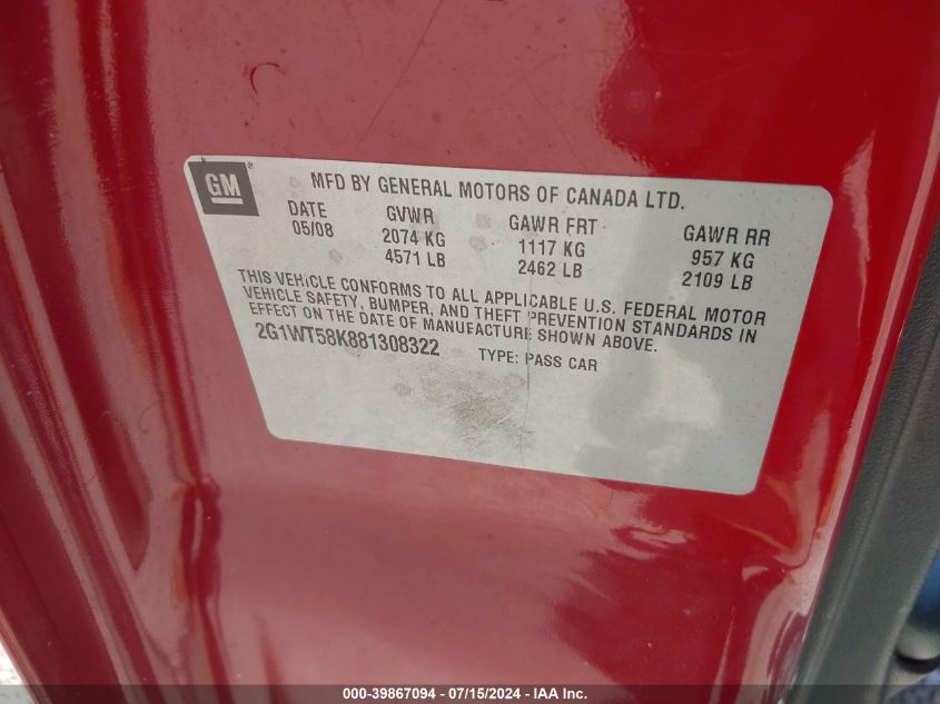 2008 Chevrolet Impala Lt VIN: 2G1WT58K881308322 Lot: 39867094