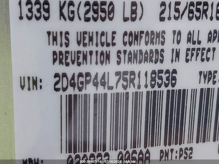 2005 Dodge Grand Caravan Sxt VIN: 2D4GP44L75R118536 Lot: 39867114