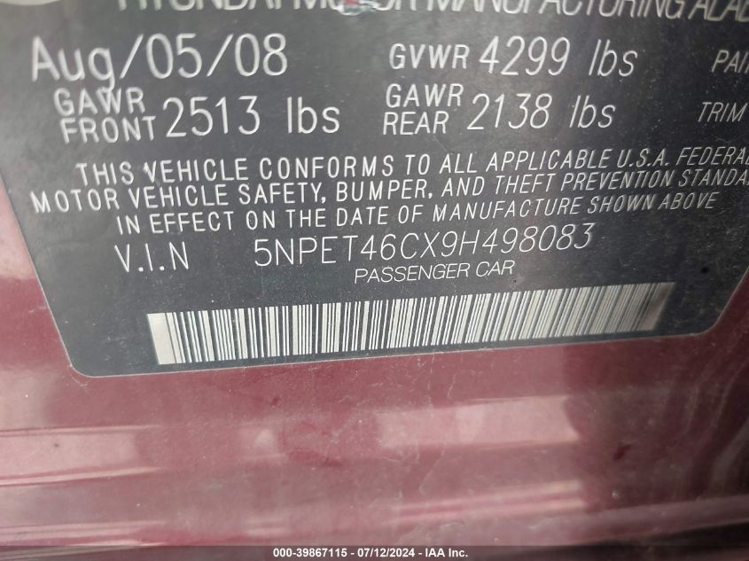 2009 Hyundai Sonata Gls VIN: 5NPET46CX9H498083 Lot: 39867115