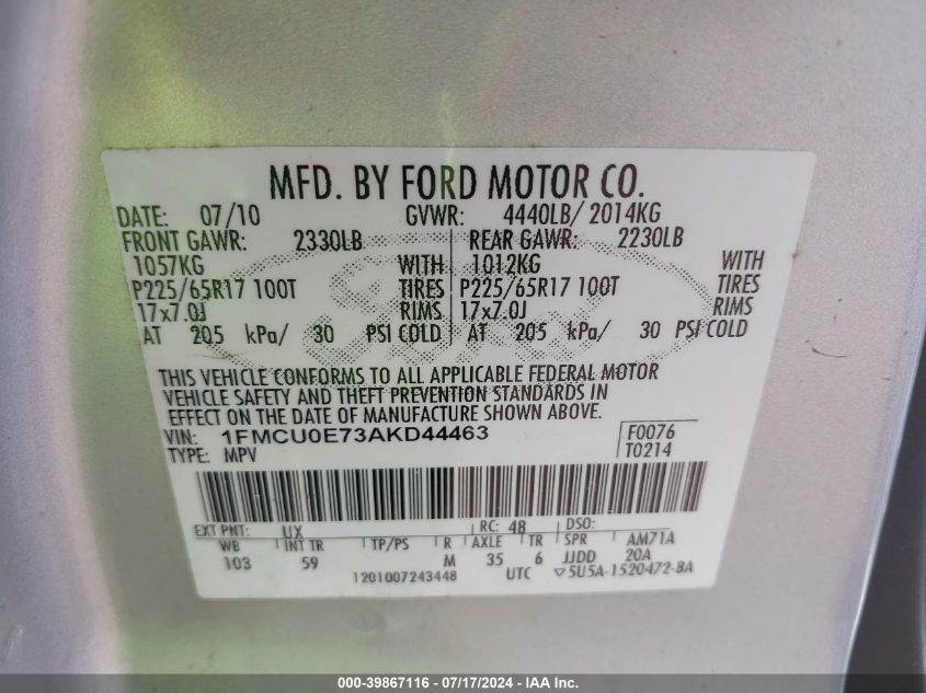 1FMCU0E73AKD44463 2010 Ford Escape Limited