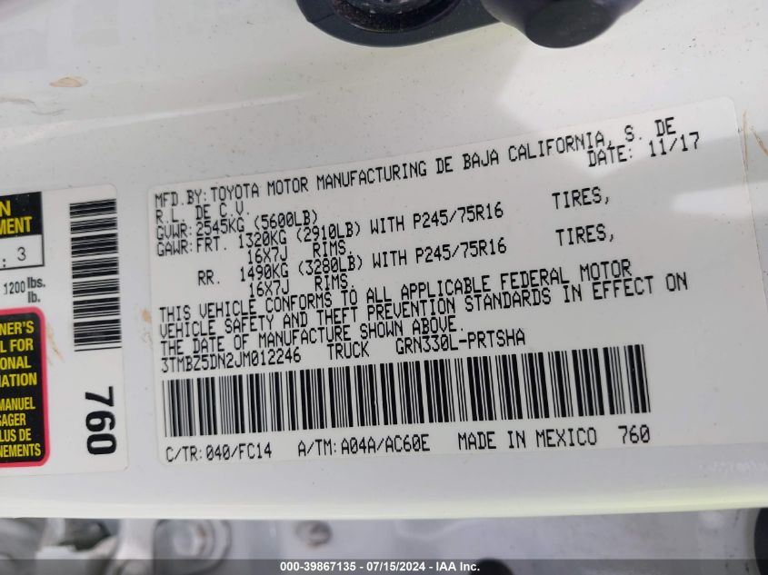 2018 Toyota Tacoma Sr5 VIN: 3TMBZ5DN2JM012246 Lot: 39867135
