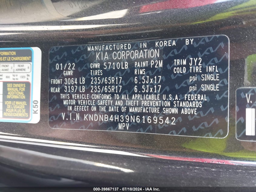 2022 KIA CARNIVAL MPV LX SEAT PACKAGE - KNDNB4H39N6169542