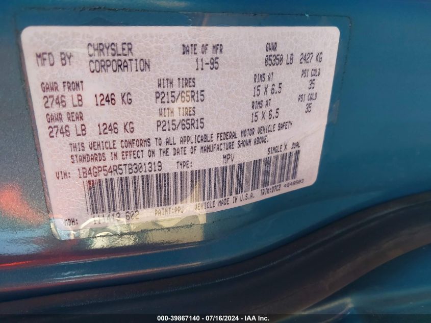 1996 Dodge Grand Caravan Le/Es VIN: 1B4GP54R5TB301319 Lot: 39867140