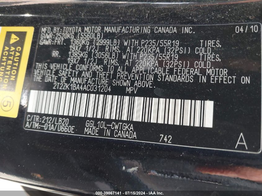 2010 Lexus Rx 350 VIN: 2T2ZK1BA4AC031204 Lot: 39867141