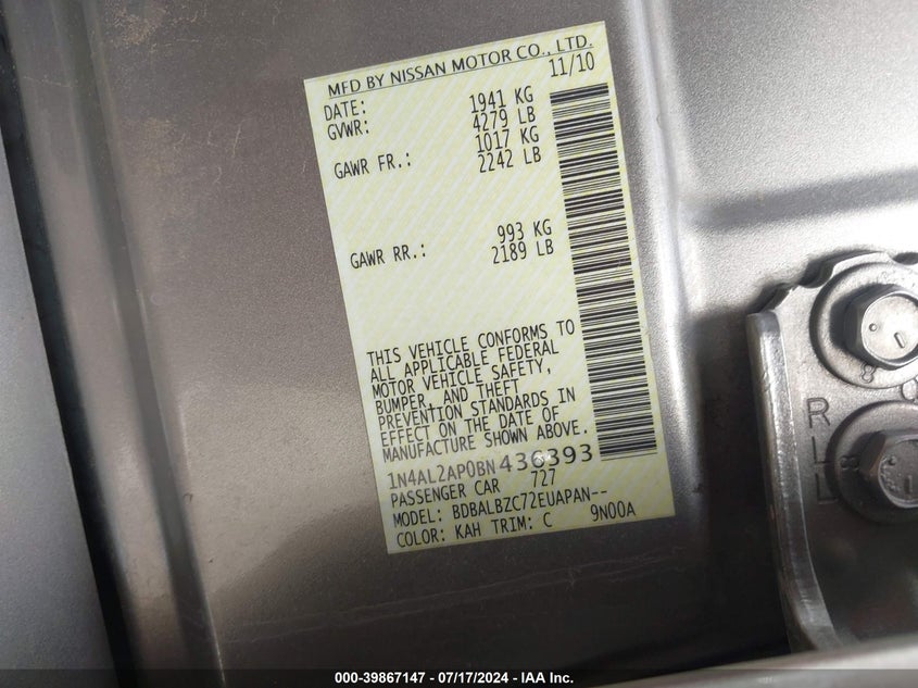 2011 Nissan Altima 2.5 S VIN: 1N4AL2AP0BN436393 Lot: 39867147