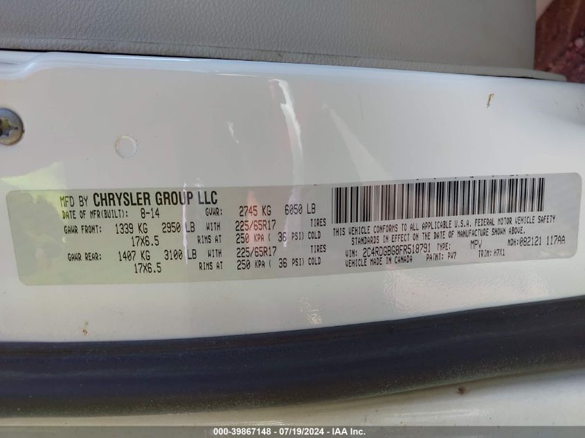 2015 Dodge Grand Caravan Se VIN: 2C4RDGBG8FR518791 Lot: 39867148