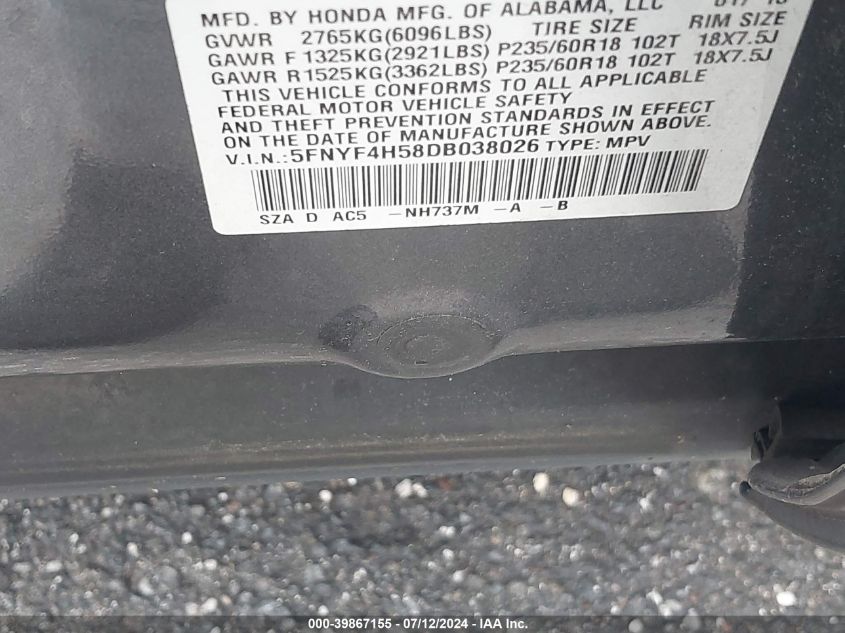 2013 Honda Pilot Ex-L VIN: 5FNYF4H58DB038026 Lot: 39867155