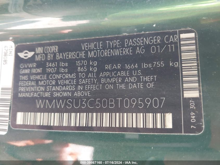 2011 Mini Cooper VIN: WMWSU3C50BT095907 Lot: 39867160