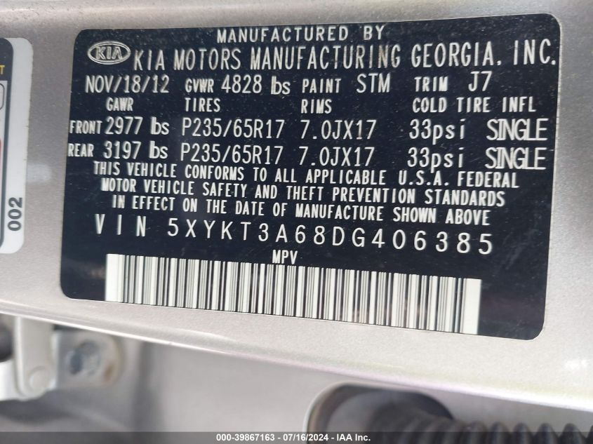 2013 Kia Sorento Lx VIN: 5XYKT3A68DG406385 Lot: 39867163