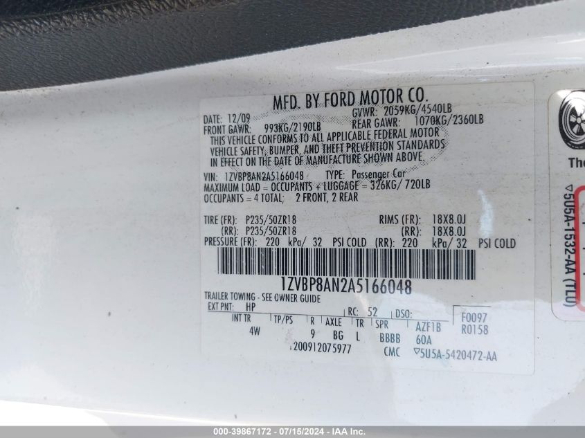 2010 Ford Mustang V6/V6 Premium VIN: 1ZVBP8AN2A5166048 Lot: 39867172