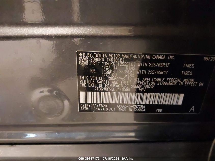 2020 Toyota Rav4 Le VIN: 2T3G1RFV8LC140589 Lot: 39867173