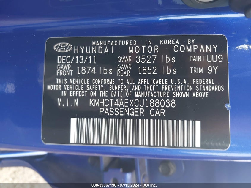 2012 Hyundai Accent Gls VIN: KMHCT4AEXCU188038 Lot: 39867196