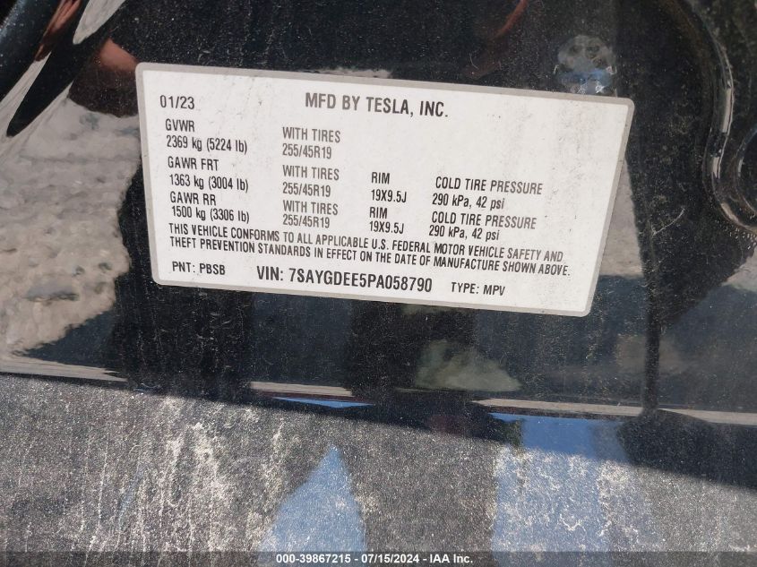 2023 Tesla Model Y Awd/Long Range Dual Motor All-Wheel Drive VIN: 7SAYGDEE5PA058790 Lot: 39867215