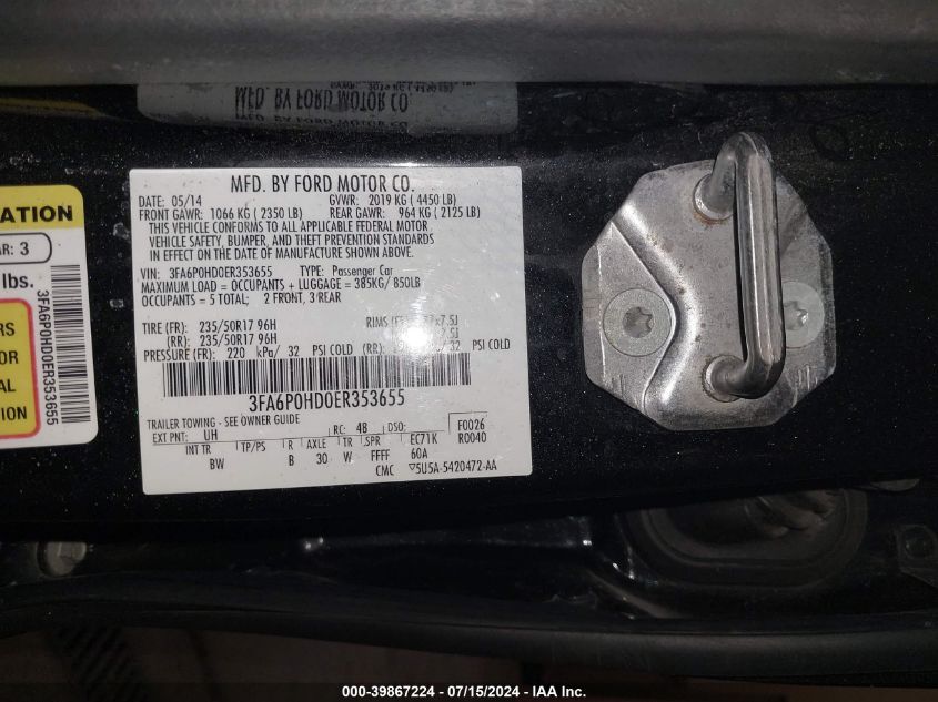 2014 Ford Fusion Se VIN: 3FA6P0HD0ER353655 Lot: 39867224