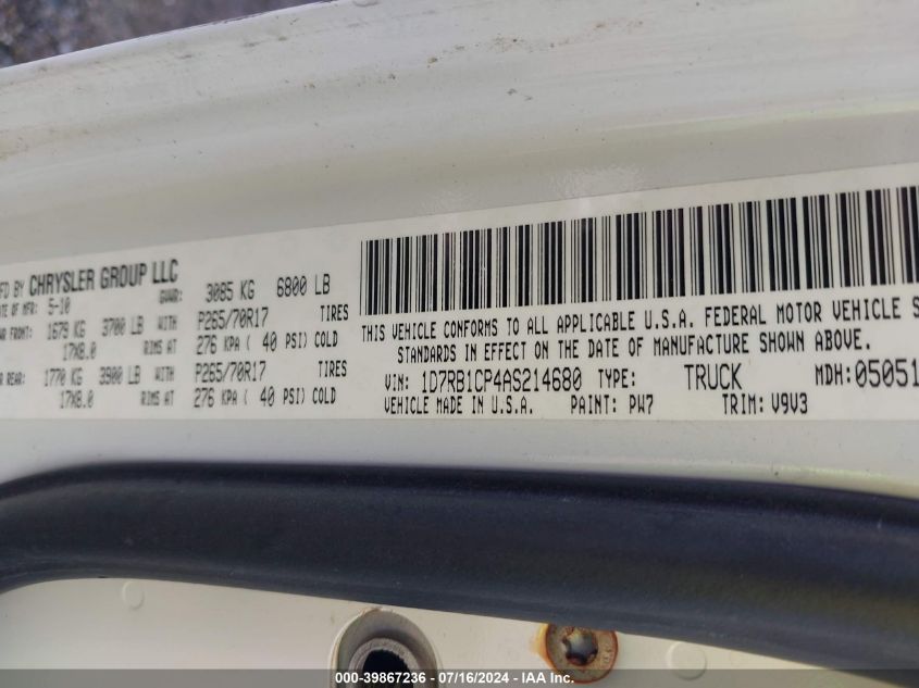2010 Dodge Ram 1500 St VIN: 1D7RB1CP4AS214680 Lot: 39867236