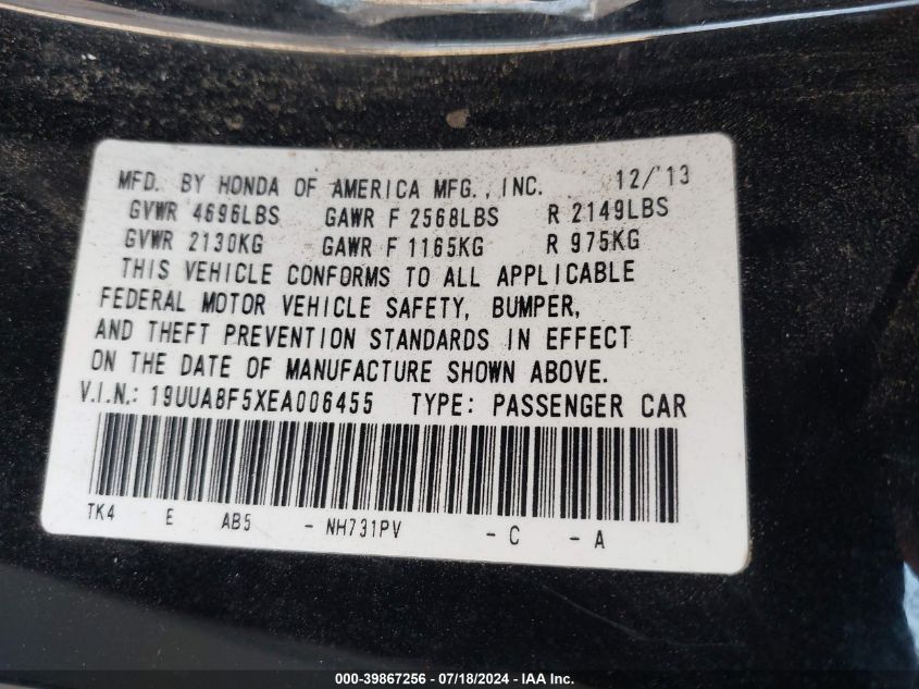 19UUA8F5XEA006455 2014 Acura Tl 3.5