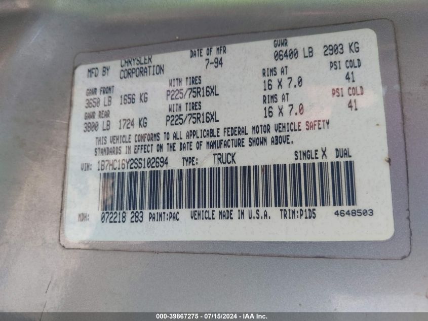 1995 Dodge Ram 1500 VIN: 1B7HC16Y2SS102694 Lot: 39867275
