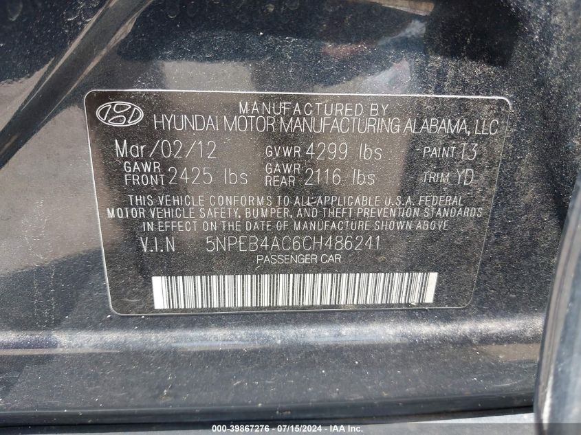 5NPEB4AC6CH486241 2012 Hyundai Sonata Gls