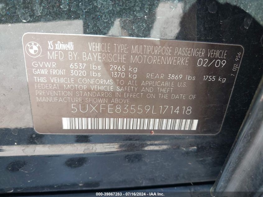 2009 BMW X5 xDrive48I VIN: 5UXFE83559L171418 Lot: 39867283