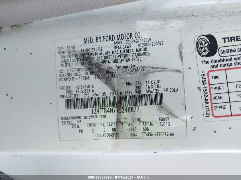 2007 Ford Mustang VIN: 1ZVFT84N775348877 Lot: 39867293
