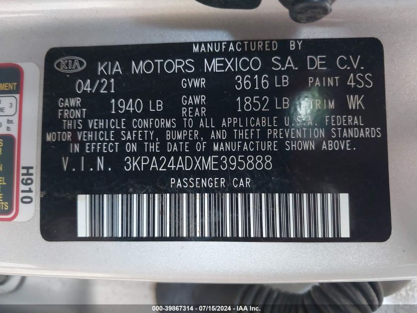 2021 Kia Rio Lx VIN: 3KPA24ADXME395888 Lot: 39867314