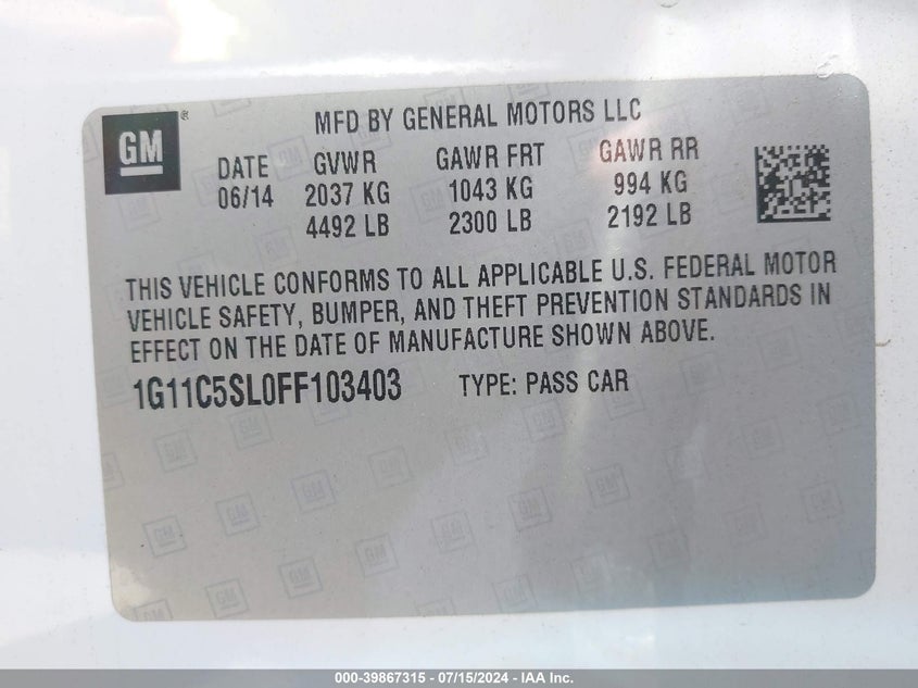 2015 Chevrolet Malibu 1Lt VIN: 1G11C5SL0FF103403 Lot: 39867315