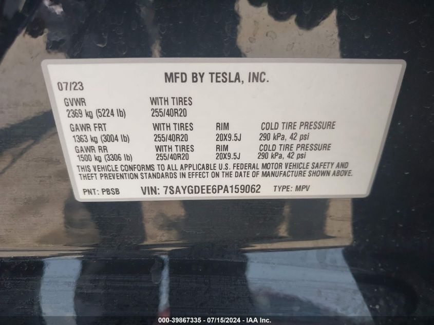 2023 Tesla Model Y Awd/Long Range Dual Motor All-Wheel Drive VIN: 7SAYGDEE6PA159062 Lot: 39867335