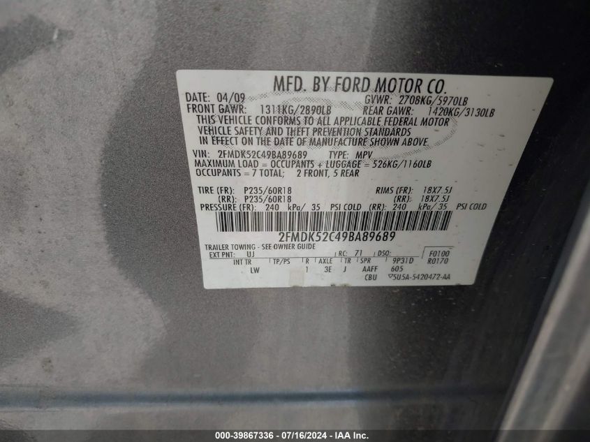 2009 Ford Flex Sel VIN: 2FMDK52C49BA89689 Lot: 39867336