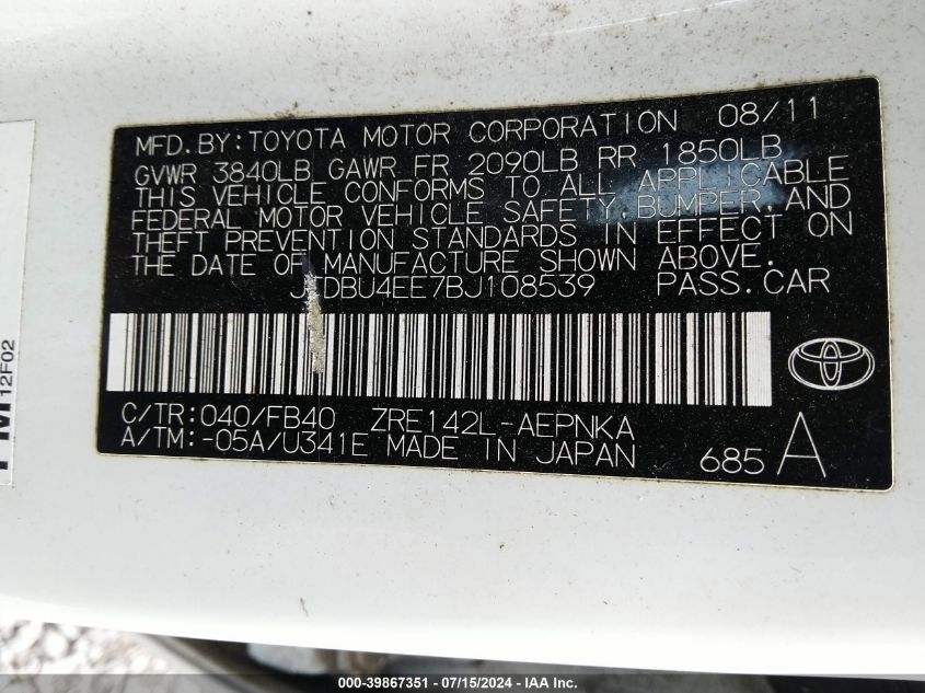 2011 Toyota Corolla Le VIN: JTDBU4EE7BJ108539 Lot: 39867351