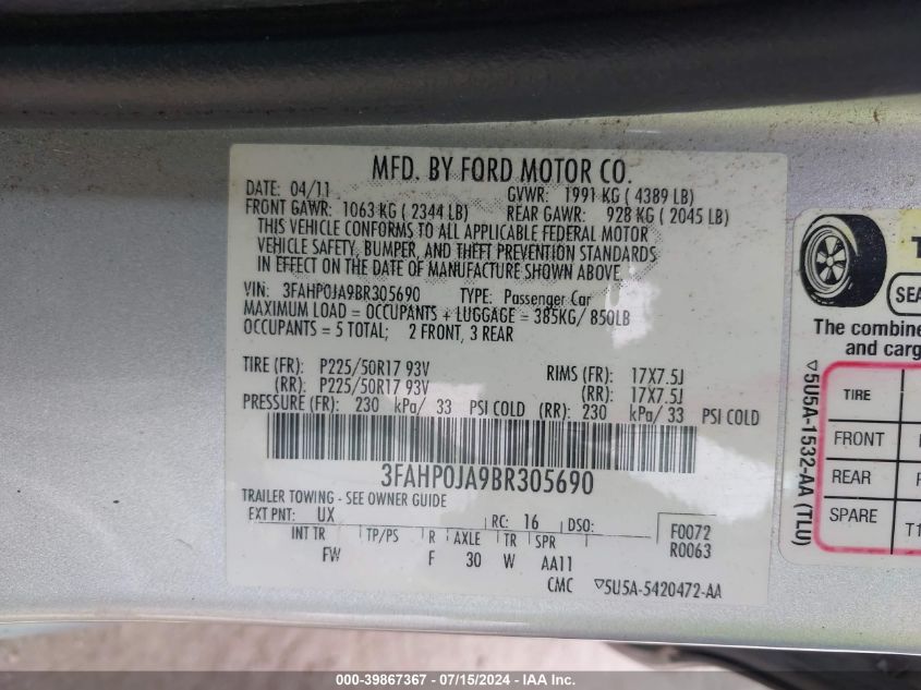 2011 Ford Fusion Sel VIN: 3FAHP0JA9BR305690 Lot: 39867367